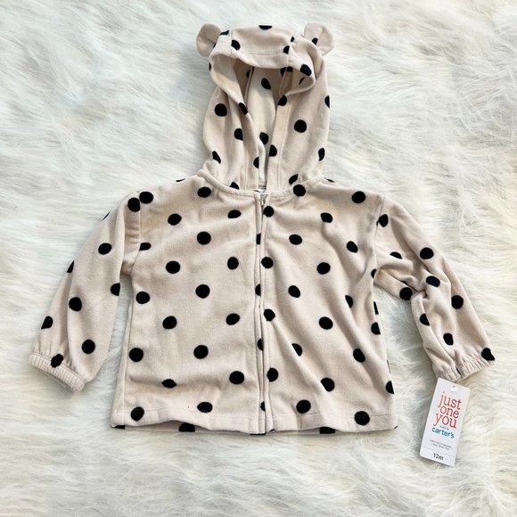 Carter's Polka Dot Hoodie Sz 12 m Black Ecru Zip Front Long Sleeve Polyester NWT - Picture 1 of 4
